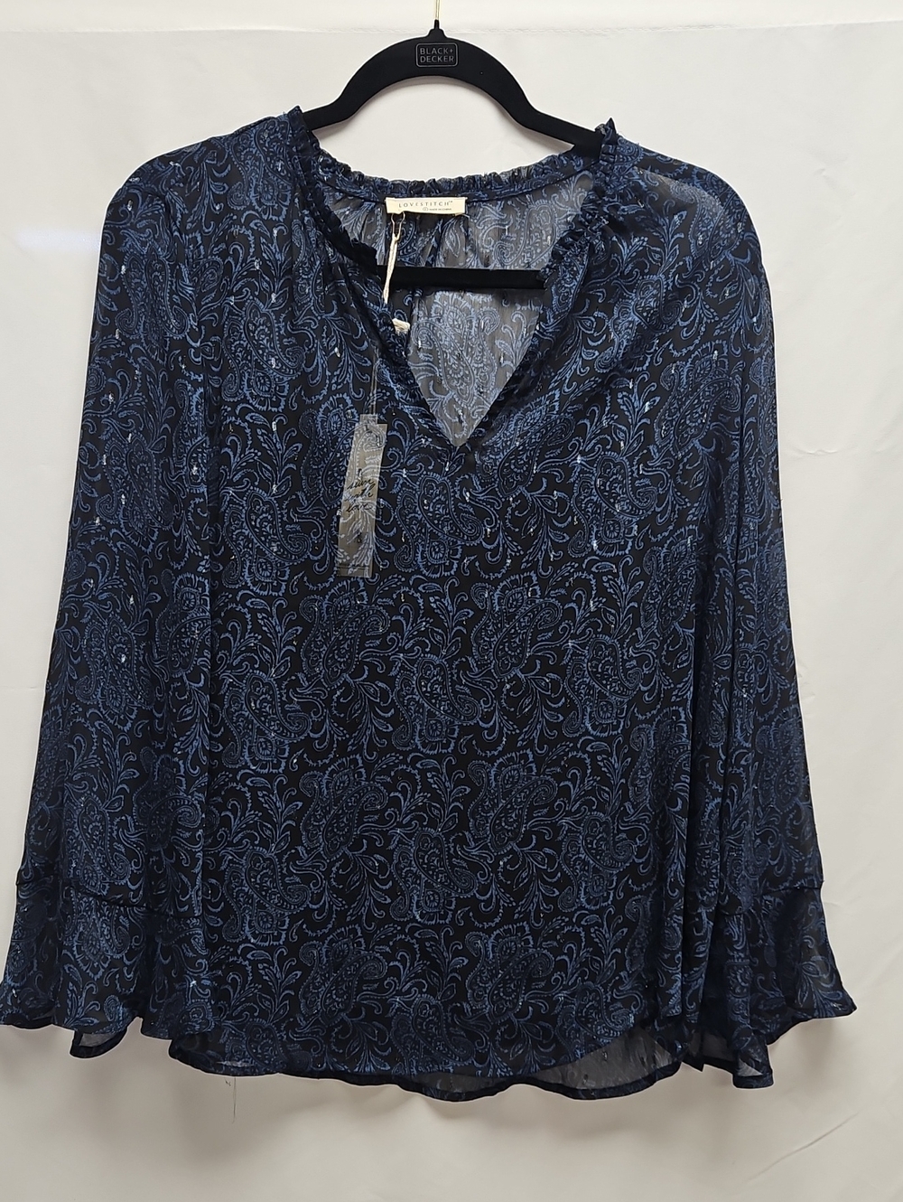 NWT LoveStitch Blue Paisley Sheer Blouse Cami Set Bell Sleeve Womens Large